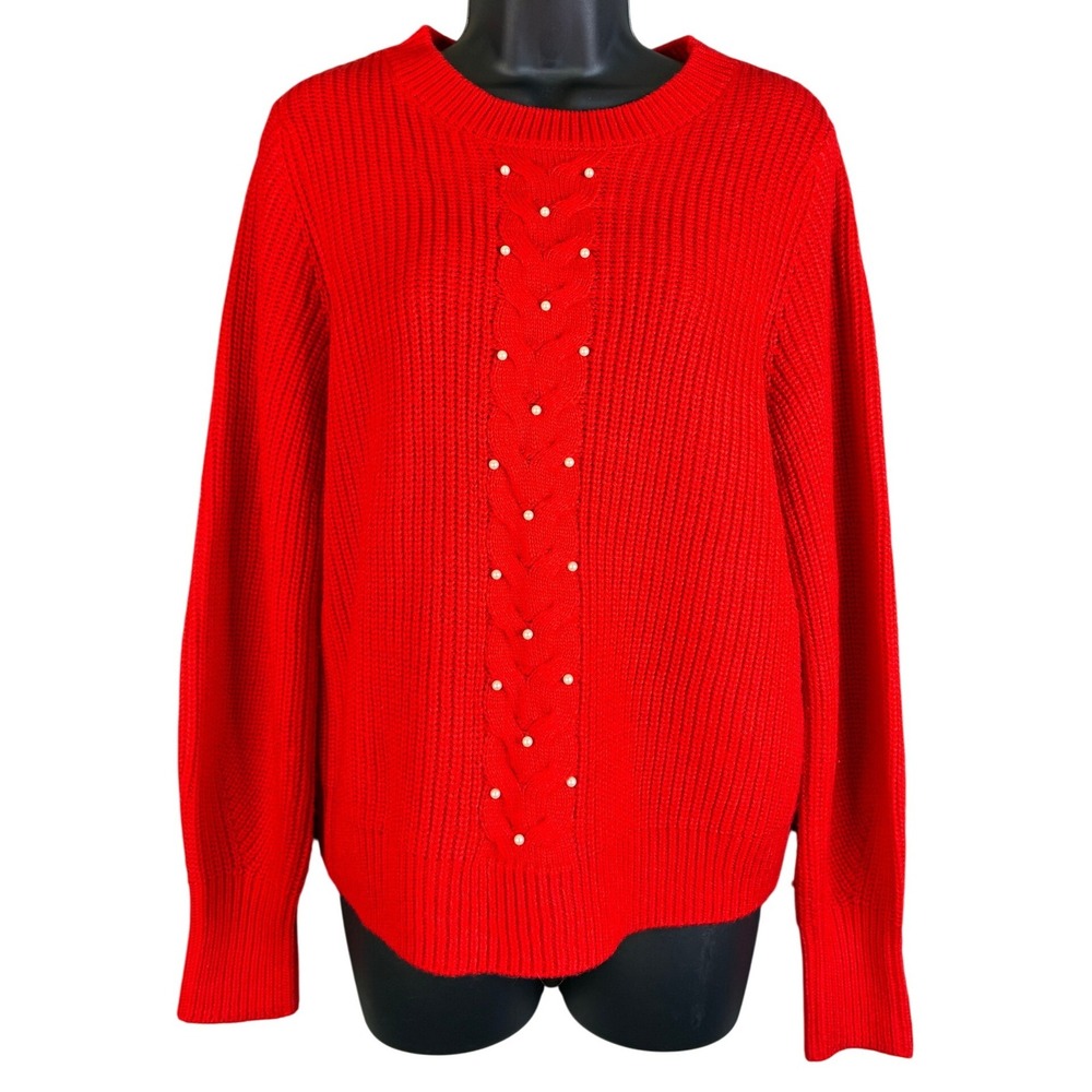 89th + Madison Womens Red Ribbed Cable Knit Faux Pearl Embellished Sweater Small